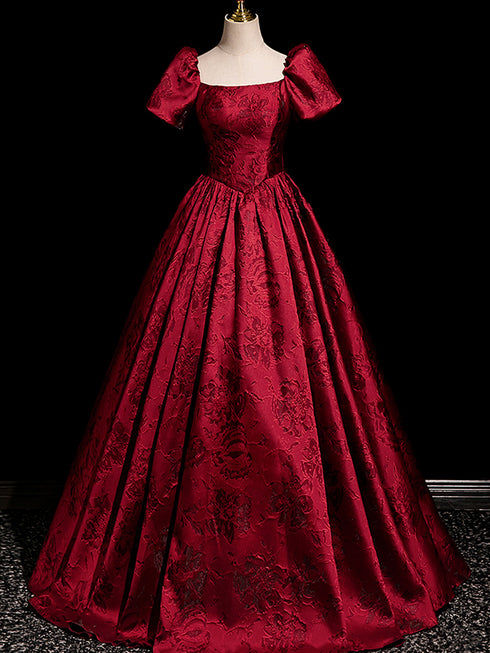 Wine Red Satin Short Sleeves Long Evening Dress, Wine Red Satin Prom Dress Party Dress